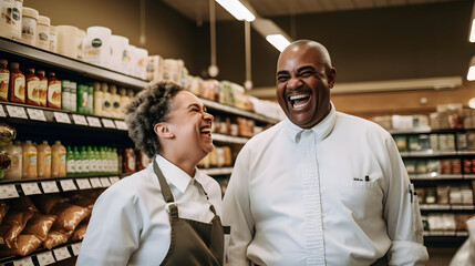In a large grocery store, two middle aged supermarket clerks happily standing in front of the shelves