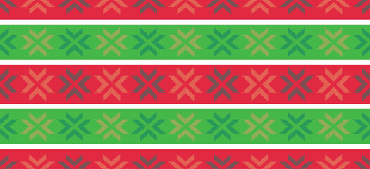 Motif Christmas ethnic handmade beautiful Ikat art. Christmas background. folk embroidery Christmas pattern, geometric art ornament print. red, green, white colors. snowflake, star, poinsettia design.