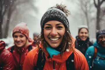 Foto op Aluminium Smiling portrait of a young and diverse group of female friends jogging during the winter and snow in the city © Geber86