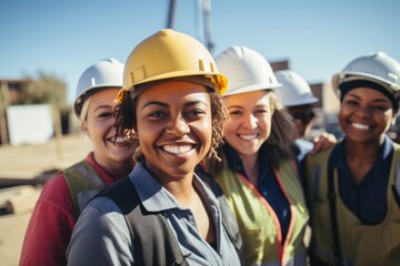 Smiling portrait of a diverse happy female group of women working construction on a construction site