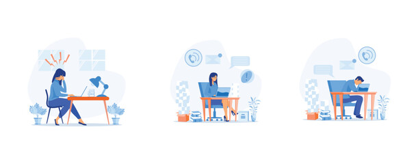 Stress in the office. Rush work,  headache. Tired and exasperated office worker is grabbed his head among piles of papers and documents. set flat vector modern illustration   