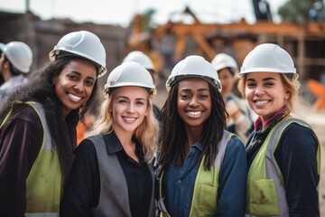 Smiling portrait of a diverse happy female group of women working construction on a construction site - obrazy, fototapety, plakaty