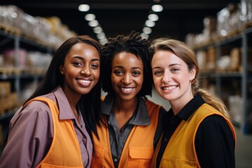 Smiling portrait of a young and diverse group of female warehouse workers and managers working in a warehouse