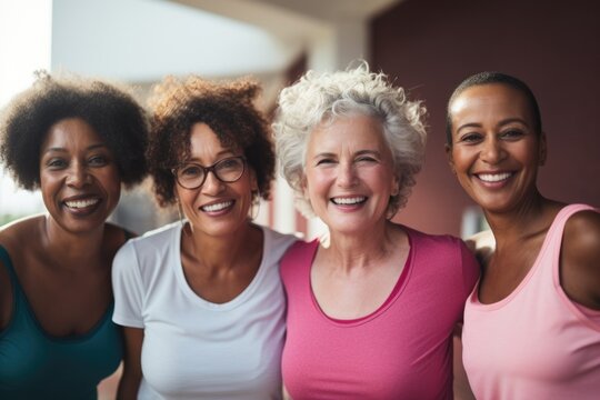 Smiling Portrait Of A Group Of Senior Women In Sports Clothes In A Gym