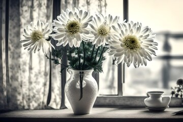 artistic shot Chrysanthemum,  in the vase of white colour, near home window