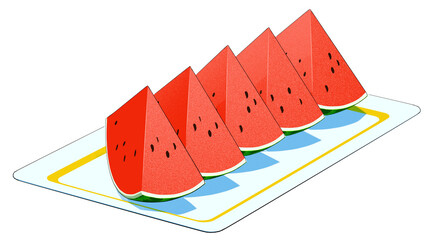 An illustration of five watermelon slices arranged on a white rectangular plate.  The illustration style is clean, simple, and refined.