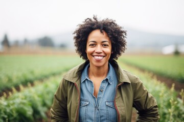 Smiling portrait of a middle aged african american female farmer working on a farm field - Powered by Adobe