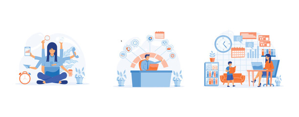 Obraz premium Multitasking.Time management. productivity, house work and business career. Overloaded person in pressure. set flat vector modern illustration 