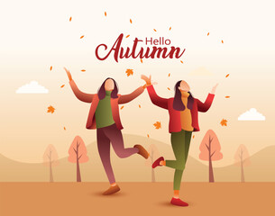 Hello Autumn. young girls enjoying in the park in autumn. Cartoon abstract vector illustration design