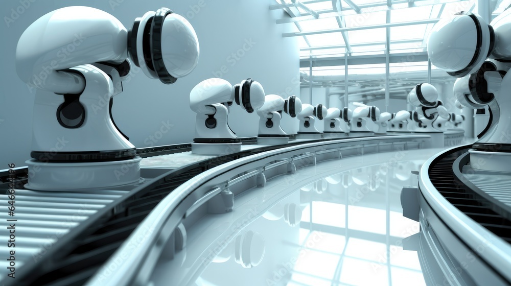 Poster production line with robotic arms, robotic arm in futuristic assembly manufacturing factory.