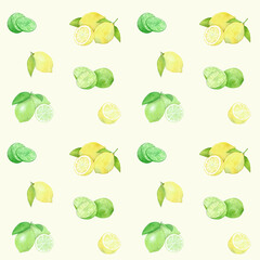 黄色いバックのレモンとライムのパターン
