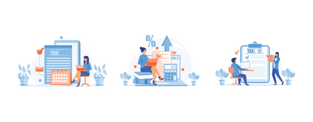 Fototapeta premium Taxation planning concept. Characters using tax calendar to filling tax declaration form online, set flat vector modern illustration