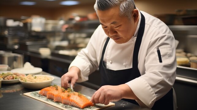A sushi chef expertly rolling a dragon roll with precision at restaurant.
