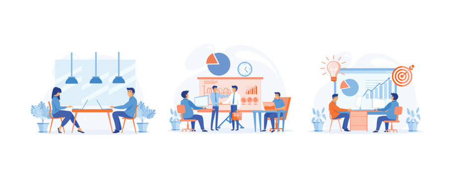 Co working, teamwork concept. discussing start-up.  Professional recognition, business people having a meeting. set flat vector modern illustration 