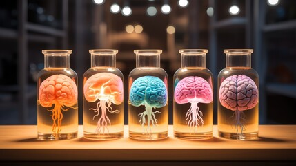 Brain in a glass jar in a science laboratory, Medical concept.
