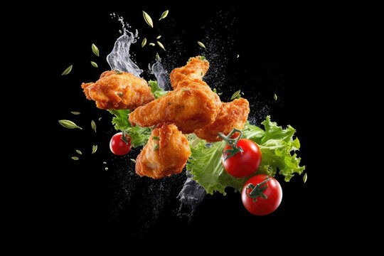 Flying elements of fried chicken with tomatoes and parsley, Generative AI