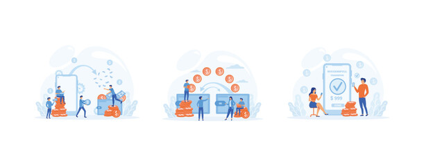 Financial transactions. NFC payment system, money transfer, mobile banking service. set flat vector modern illustration 