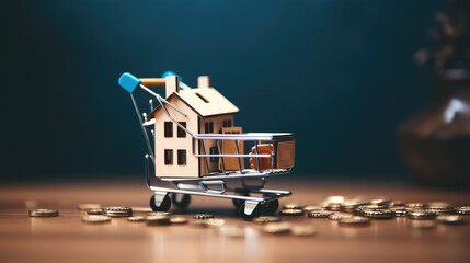 The wooden and small decorative miniature house shape key chain in shopping cart, Real estate and property investment concept. - obrazy, fototapety, plakaty
