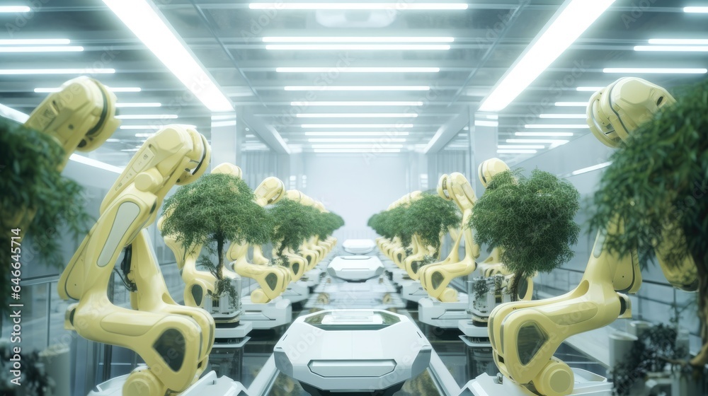 Aufkleber Multiple numbers of robotic arms working together cloning trees at futuristic factory.