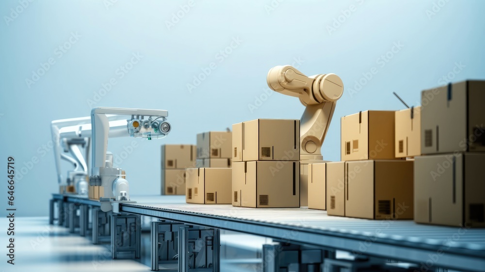 Poster production line with robotic arms are packing boxes at warehouse, 3d rendering.