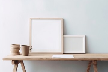 Wooden square and white portrait frame mockups on vintage bench, table. Cup of coffee on pile of books. White wall background. Scandinavian interior, neutral color palette. Generative AI