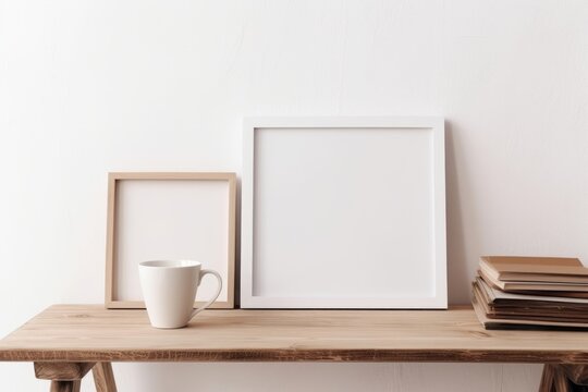 Wooden square and white portrait frame mockups on vintage bench, table. Cup of coffee on pile of books. White wall background. Scandinavian interior, neutral color palette. Generative AI