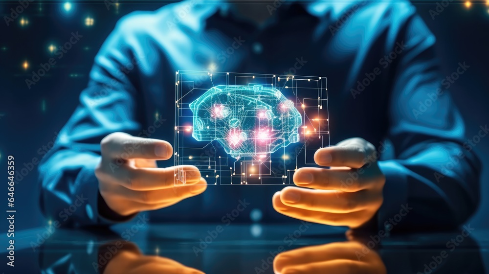 Poster Digital data and internet computer social concept, Hand using tablet and human brain head up display network technology for global communication background.