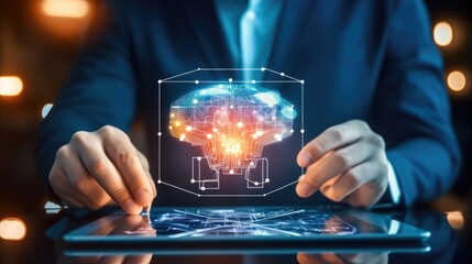 Digital data and internet computer social concept, Hand using tablet and human brain head up display network technology for global communication background.