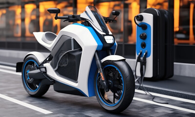 Station for electric motorcycles on city streets with energy battery charging, High-speed EV...