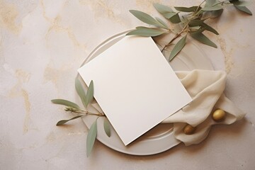Mediterranean wedding stationery. Greeting card, invitation mock up. Envelope on ceramic plate. Beige marble background. Olive tree fruit, branches, silk ribbons. Summer design. Generative AI