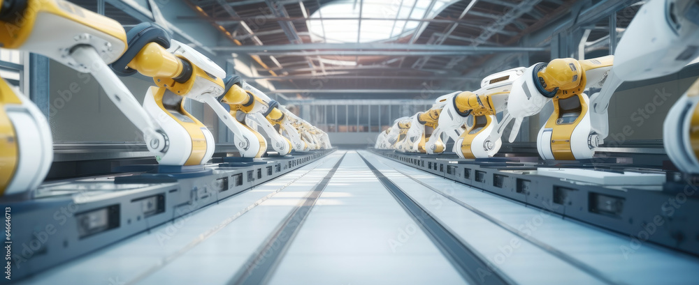 Poster production line with robotic arms, robotic arm in futuristic assembly manufacturing factory.