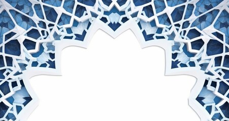 Fototapeta Rotating traditional blue arabic pattern. Arabesque through white silhouette of star shaped ornamental mosque window. White background. Ramadan, Eid ul Fitr graphic animation, Generative AI obraz