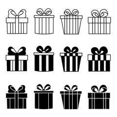 Gift box icon illustration collection. Black and white design icon for business. Stock vector.