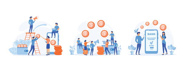 Financial transactions, NFC payment system,  money transfer, banking, Successful transaction, set flat vector modern illustration