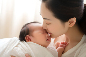 Portrait of young beautiful mother kissing her newborn baby, asian mother holding and touching noses with her baby in the bedroom. Love of family concept