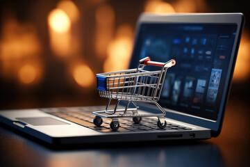 Online shopping concept with miniature shopping cart standing on laptop.