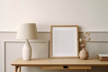Modern living room, home office. Trendy round vase, beige lamp and old books. Blank picture frame mockup. Bamboo table with white drawers. Minimal Scandi boho interior, home. Beige wall, Generative AI