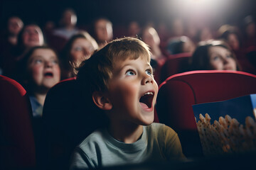 a little boy with an astonished and surprised look on his face while watching a movie in a cinema. Children sit on a red sofa enjoying a movie