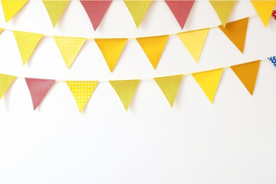 Hanging colorful bunting flags on white wall background. Yellow festive web banner. Festa Junina holiday, June Festival celebration concept. Decoration for birthday party. Generative AI