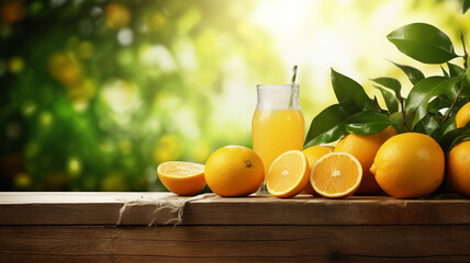 Obraz premium Fresh citrus on the wood table, summer garden background