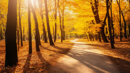 Autumn forest, trees and path, scenery landscape, fall background
