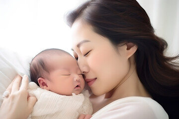 Fototapeta na wymiar Close up of young beautiful mother kissing her newborn baby, asian mother holding and touching noses with her baby in the bedroom. Love of family concept