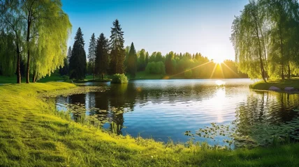 Fototapeten Peaceful forest and pond, spring or summer landscape © Artyom