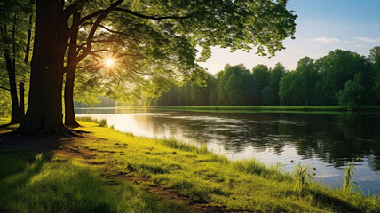 Obraz premium Peaceful forest and pond, spring or summer landscape