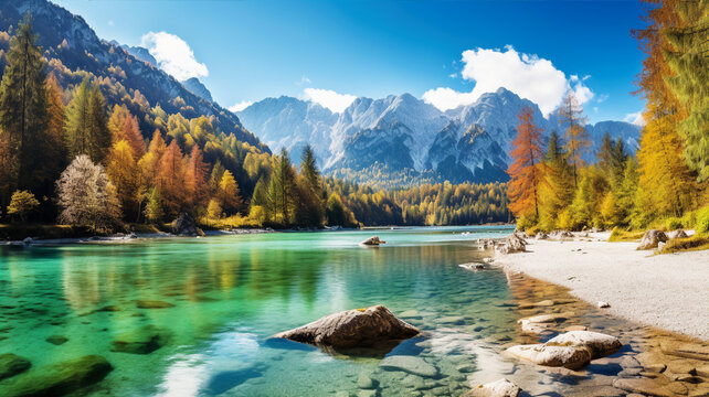 Lake, forest and mountain, beautiful autumn landscape © Artyom