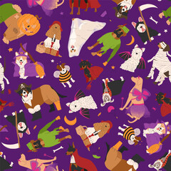 Halloween seamless pattern with dogs in cute halloween costumes. Trick or treat. Happy Halloween vector illustration. Ideal for holiday cards, decorations and gift paper
