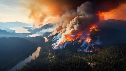 Forest fire on the side of the mountain , Forest fire at nigh - obrazy, fototapety, plakaty