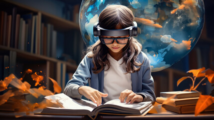 Education Enhancing learning concept , School children in science class learning by VR glasses digital , Educational 3D virtual reality experience - obrazy, fototapety, plakaty