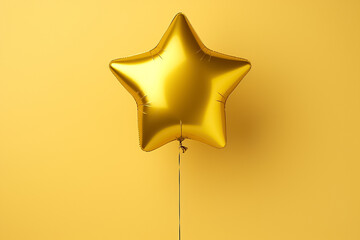 The isolated gold star helium balloon for decoration in a party, shot on a white, yellow background, Generative AI.