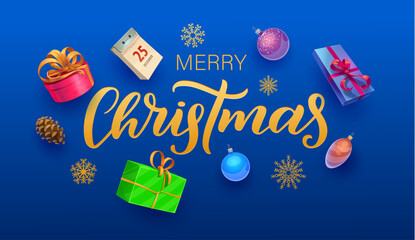 Merry christmas banner. Vector greeting card with gold snowflakes, baubles, gift boxes, pine cone and calendar on blue striped background. Golden lettering with festive xmas decoration and presents